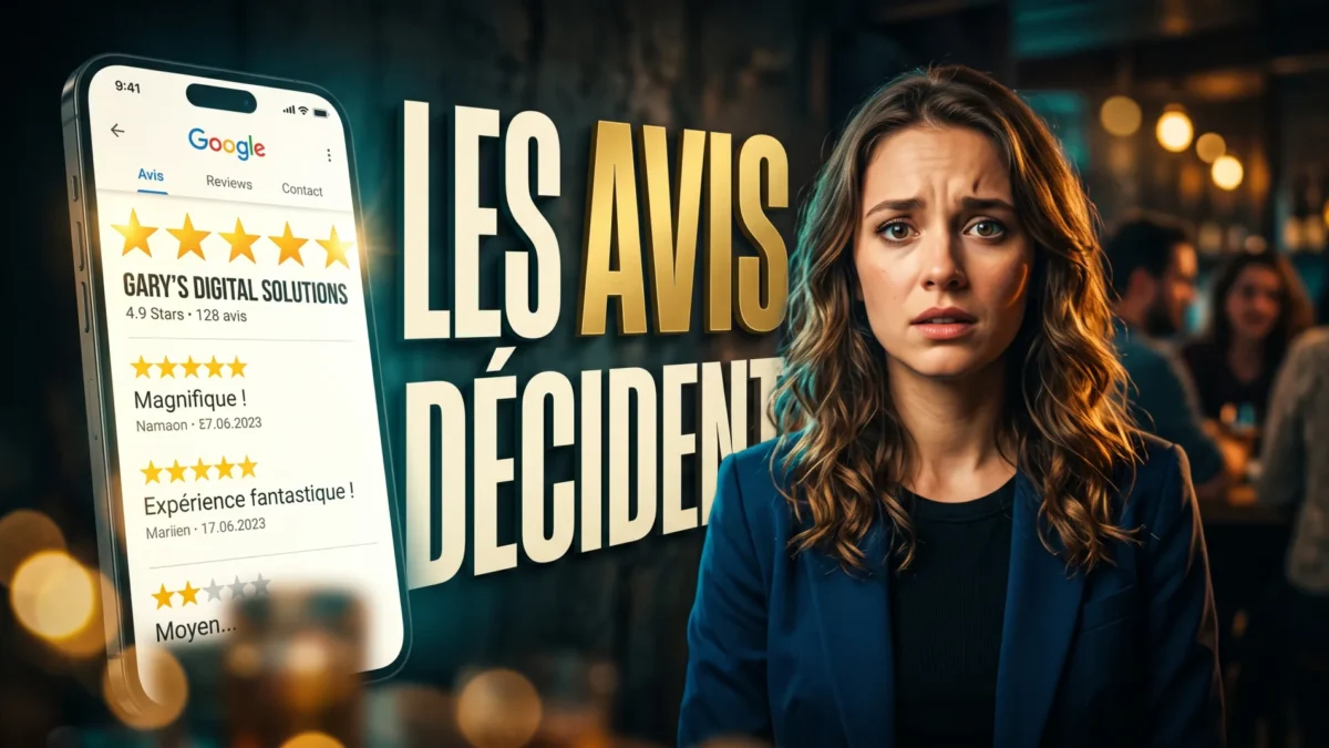 Avis Google cinq étoiles affichés sur un smartphone devant un commerçant