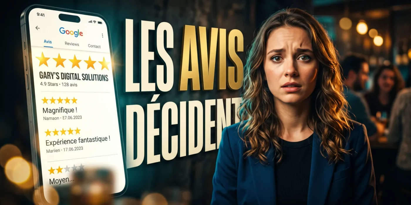Avis Google cinq étoiles affichés sur un smartphone devant un commerçant