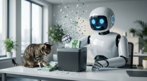Illustration satirique d'un robot déchiquetant des billets de banque, symbolisant l'absence de stratégie IA rentable pour les PME et freelances.
